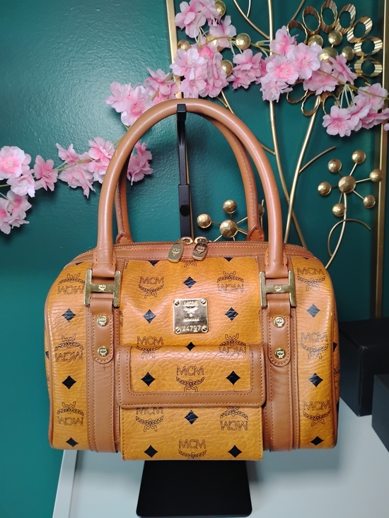 MCM Handbags - MCM Cognac Monogram Visetos Dome Satchel with Gold Hardware